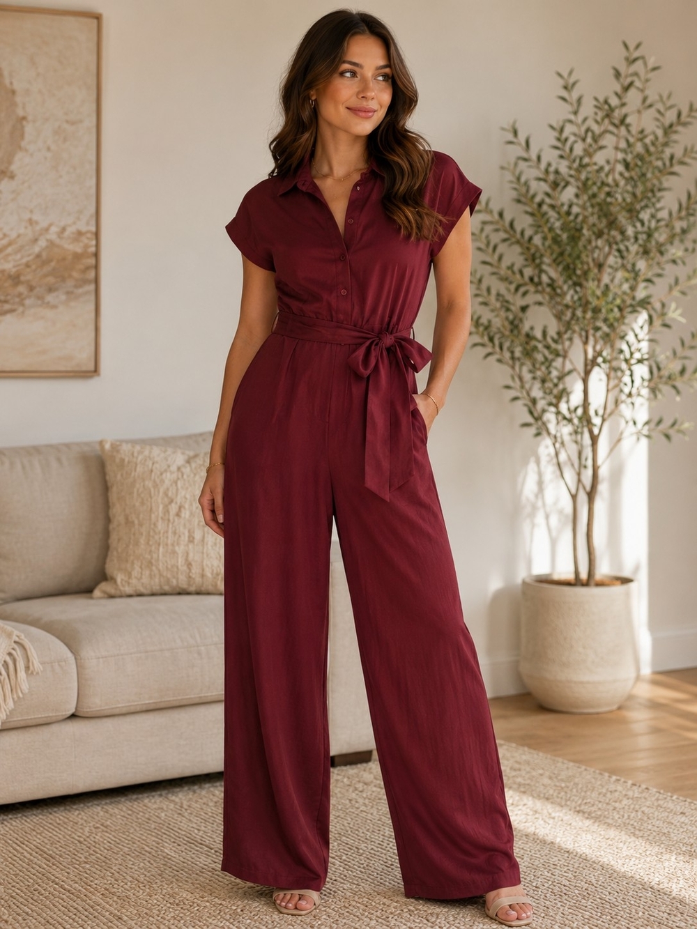 Gal Meets Glam Burgundy Short-Sleeve Tie-Waist Jumpsuit